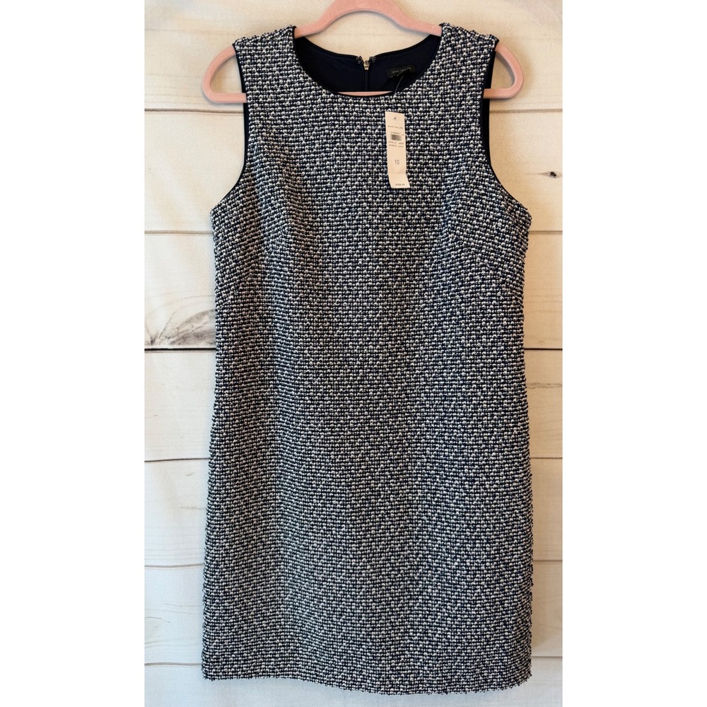 Ann Taylor Womens Navy Blue White Textured Tweed Sleeveless Shift Dress 10 NEW
